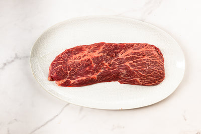London Broil steak on white plate